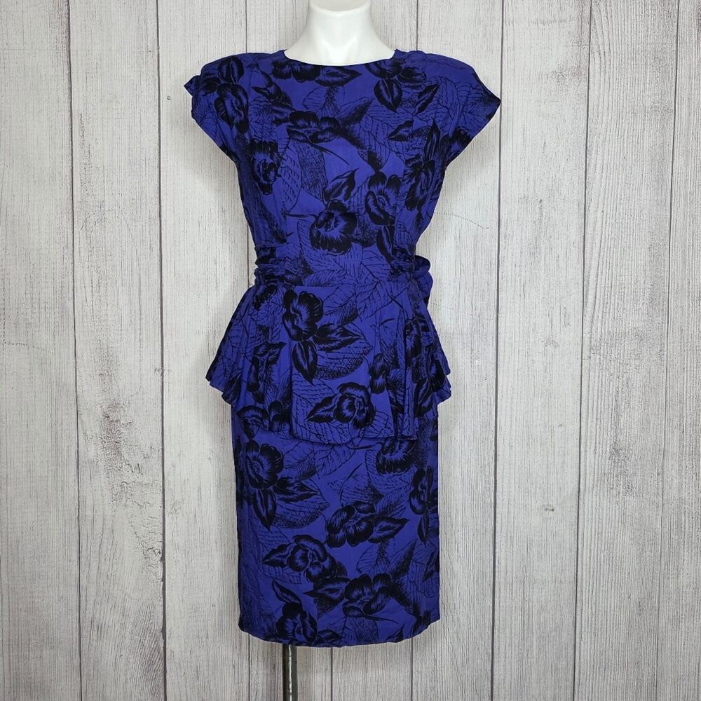 Vintage 80s Joni Blair Purple Floral Peplum Dress | Shoulder Pads - sz Small